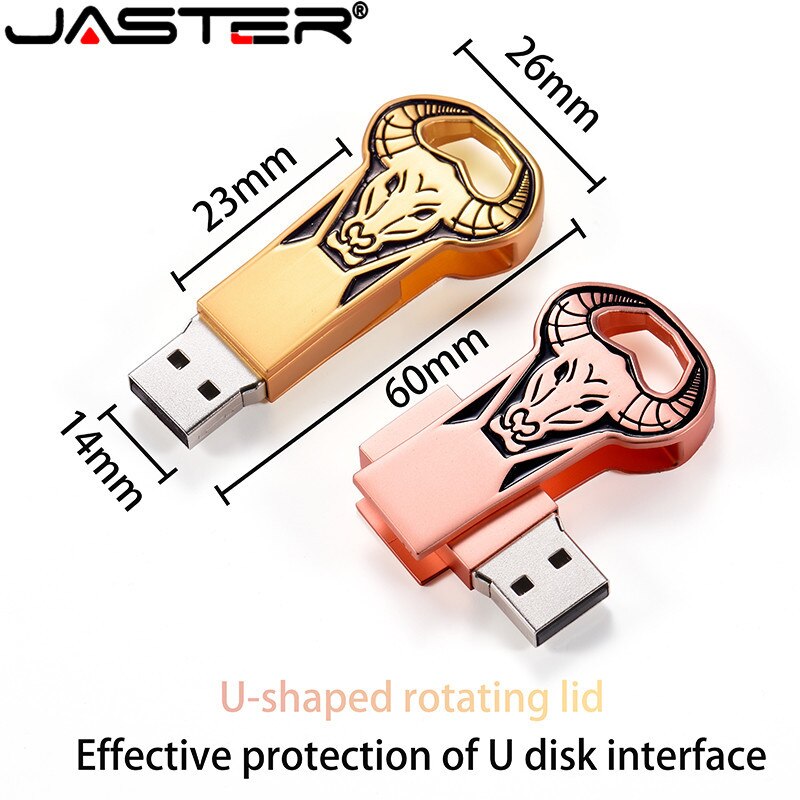 Jaster Pen drive Metal Gold/Rose Gold Bull Head USB Flash Disk 4GB 8GB 16Gb 32Gb 64Gb Personaliseren Pen Drive USB Memory Stick