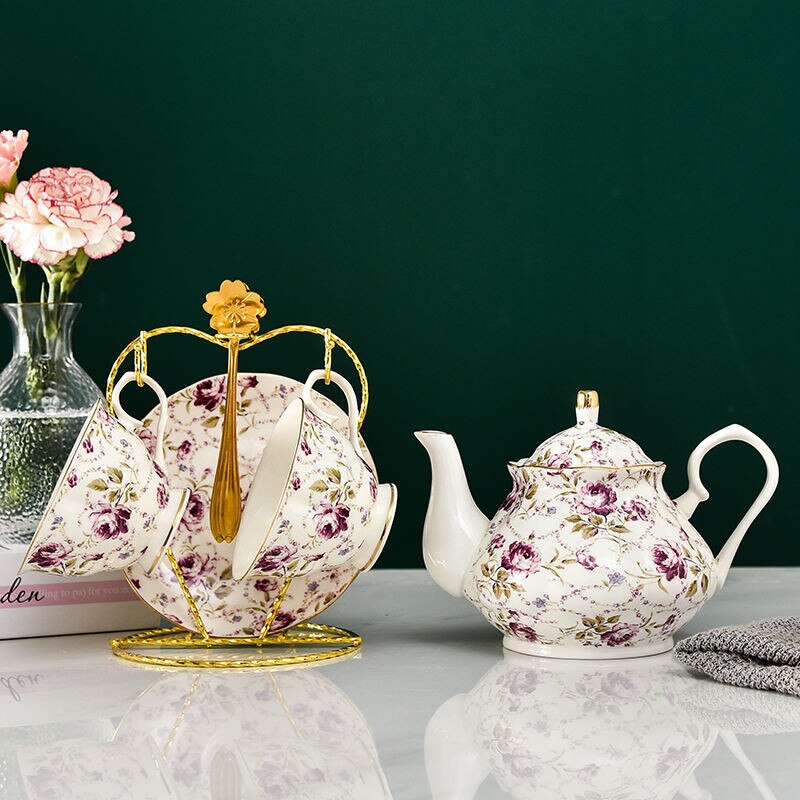 European Bone China Tea Set English Afternoon Tea Cup Set Teapot High-Grade Porcelain Coffee Pot 1 TeaPot 2 Cups and Saucers: 1Pot2CupsSaucers F