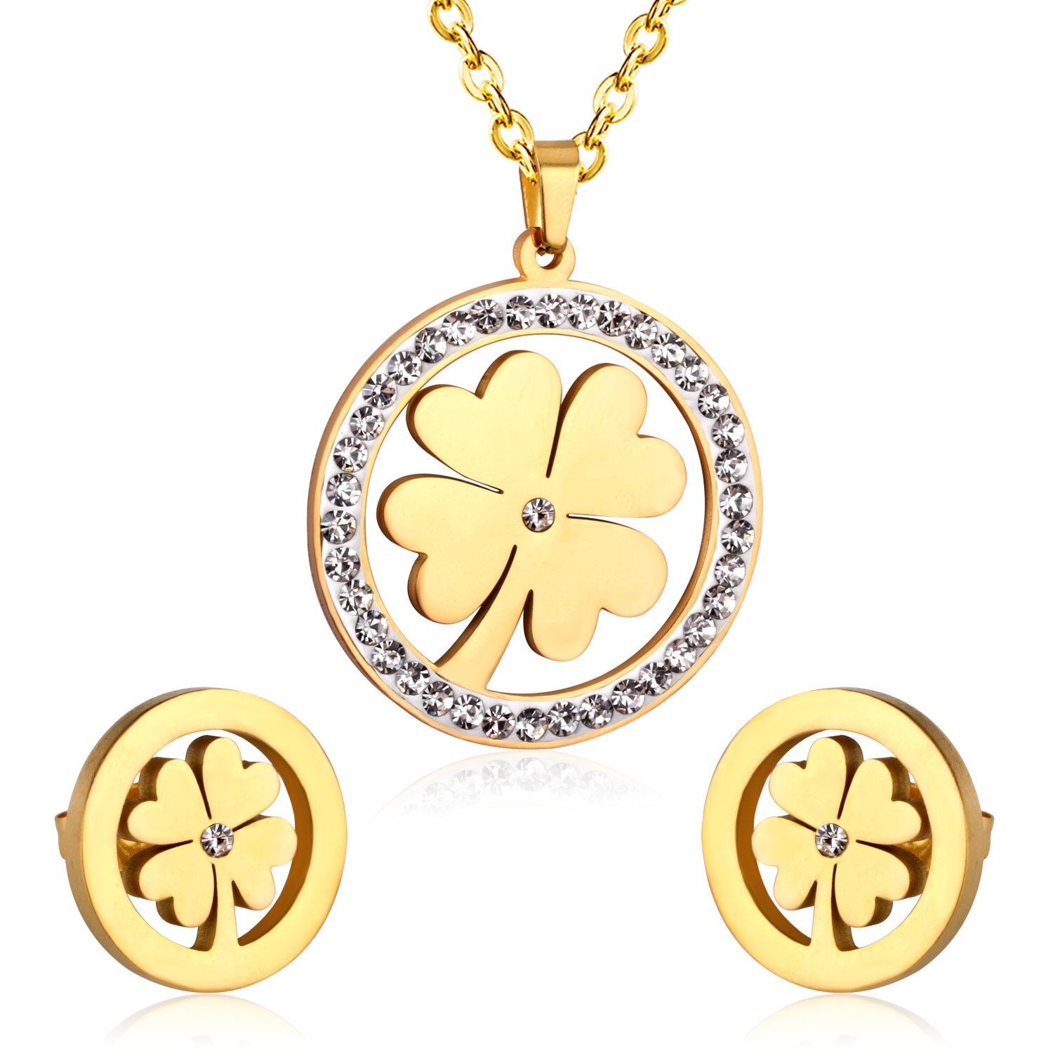 Luxusteel Rvs Sets Goud Kleur Ronde Hanger Necklce Oorbellen Brinco Party Vrouwen: 184G