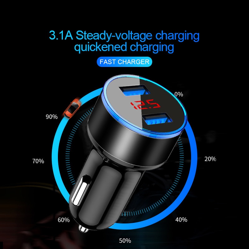 3.1A Dual USB Car Charger For Samsung A50 Xiaomi Mobile Phone Car-Charger For iPhone 11 USB Charger Universal With LED Display