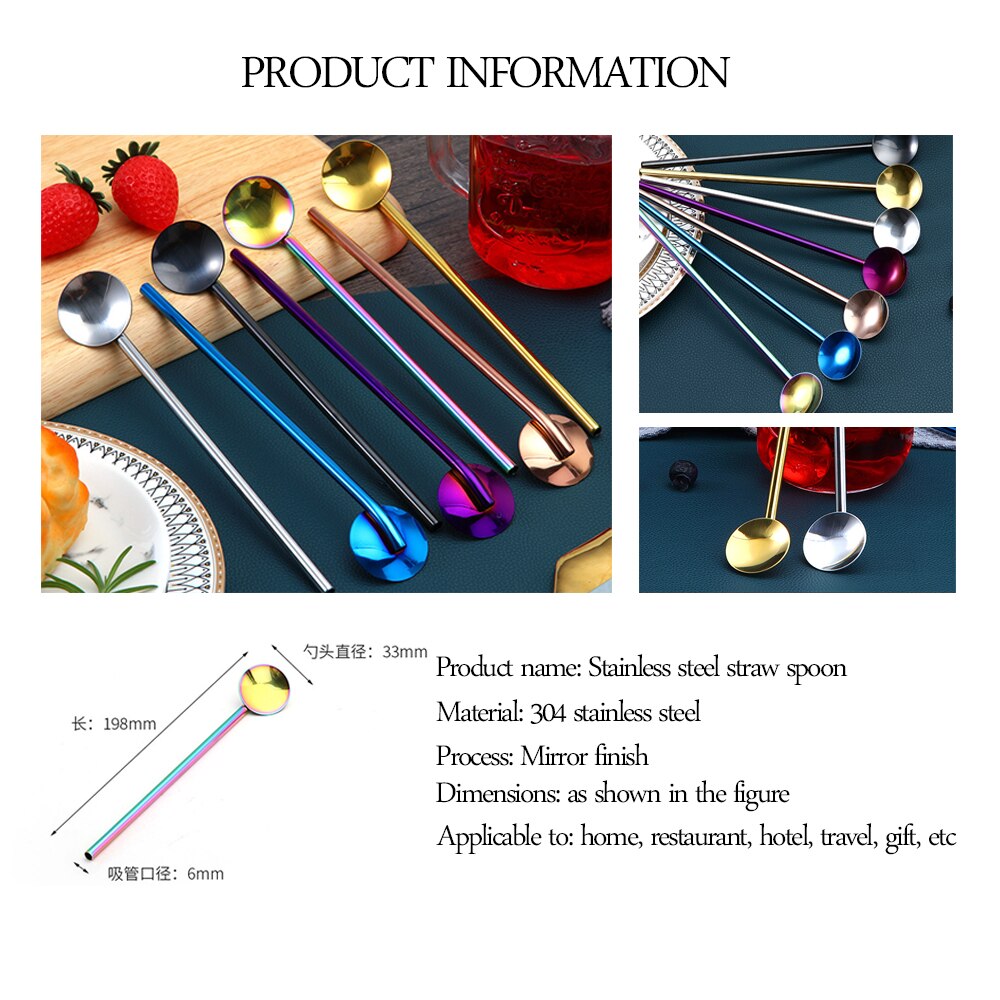 portable 304 stainless steel Straw+Spoon drinking straw milk tea cold drink coarse straw metal cup iron straw for bars/restauran