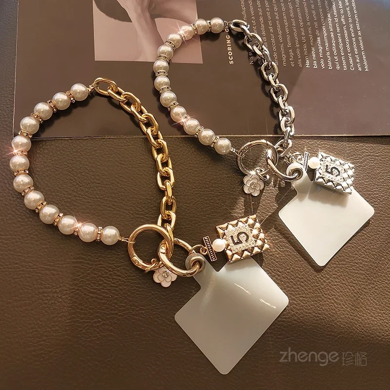 Lanyard voor mobiele telefoon Parelketting nr. 5-hangende tagarmband, korte polsband, kleine tag, metalen clip, telefoonhoes, universele riem