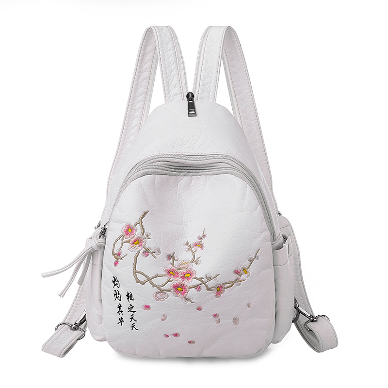 mochilas de cuero bordadas para mujeres adolescentes Sac A Dos mochila de viaje para mujeres Mochila De cuero suave para mujeres: white style1