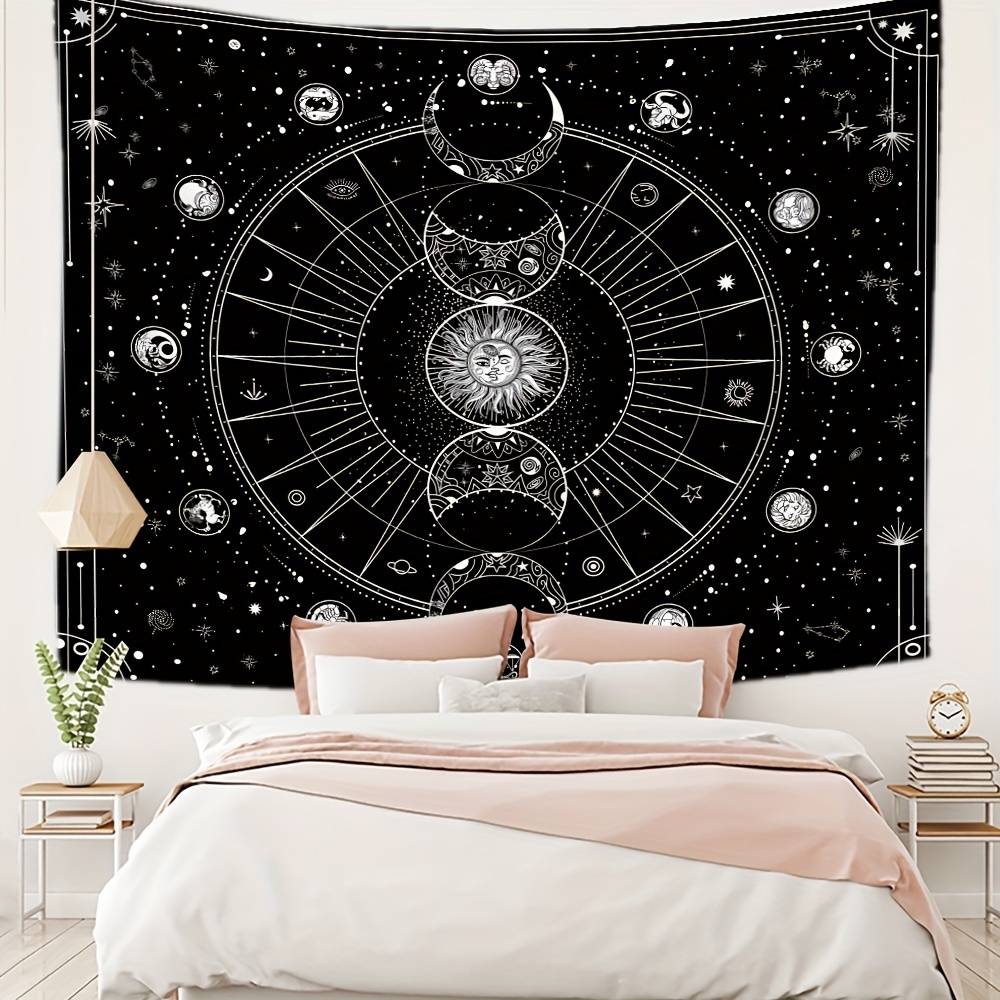 1pcS75 * 58cm sol Luna horóscopo adivinación tapiz impreso decoración del hogar tapiz decoración de pared: Negro