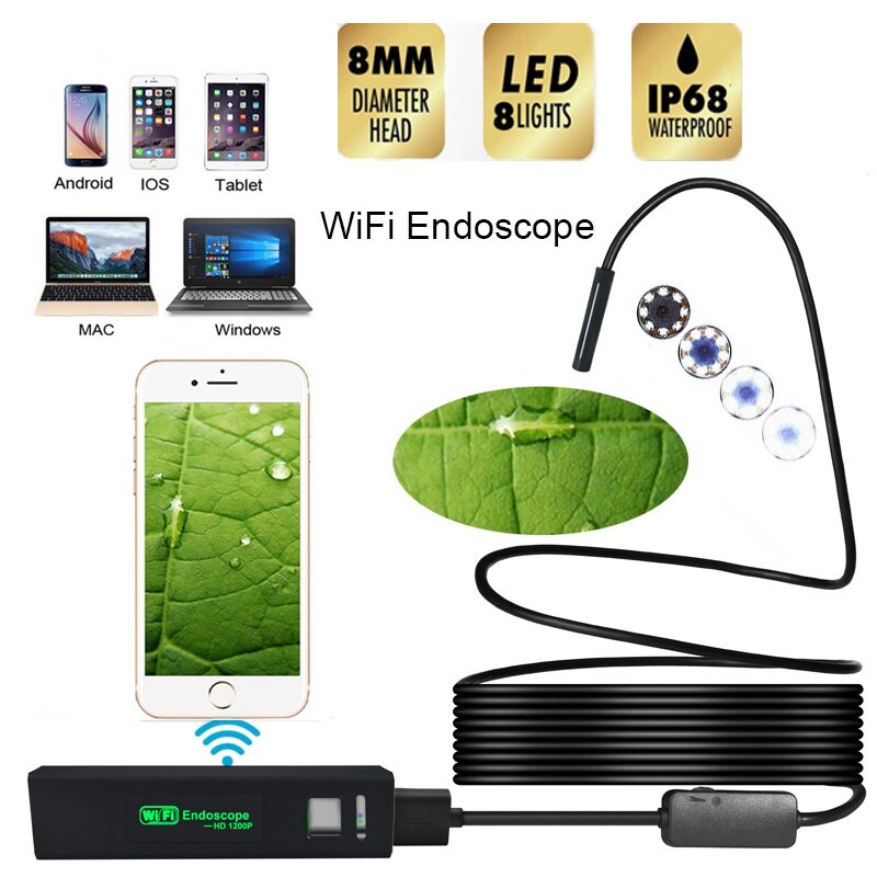 1200P 8mm Lens WiFi Connection Iphone Android Camera Inspection Endoscope Windows USB Endoscope Led Light Waterproof Borescope: 10m / 1200P