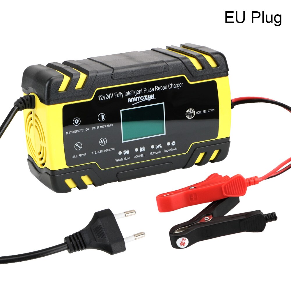 Pulse Repair 12V-24V 8A Full Automatic Car Battery Charger Wet Dry Lead Acid Battery-chargers Digital LCD Display: EU Plug
