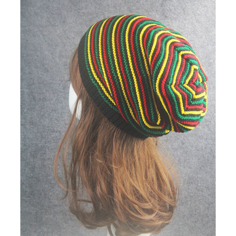 Unisex virkad vågiga fina ränder mössa regnbåge jamaica flagga baggy skull hatt 23ge