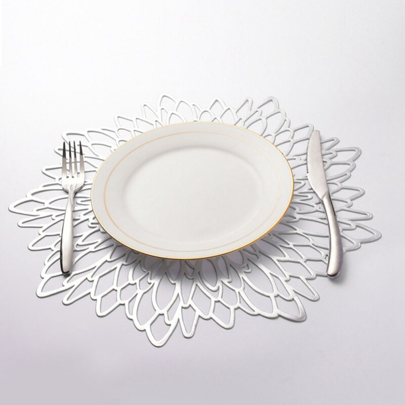 6PCS PVC Placemat for Dining Table Lace Round Embroidery table place mat Hollow Pad Coaster Pads Table Bowl Mats Gold Silver