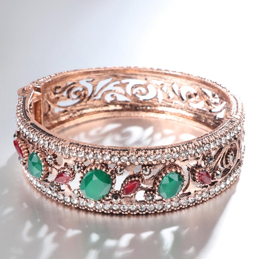 Kinel Vintage Turkse Armbanden Ronde Resin Manchet Armbanden Voor Vrouwen Antiek Goud Kleur Banquent Sieraden Dames Favoriete: Green