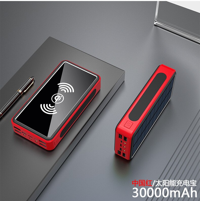 30000 mah solbatteripakke trådløs powerbank led let powerbank bærbar 4 usb mobiltelefon oplader til telefon: Rød