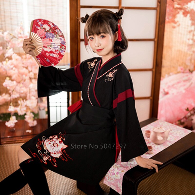 Asian Kimono Short Skirt Set Japanese Traditional Harajuku Kimono Women Girls Asian Yukata Retro Embroidery Yukata Hanfu: Black / M