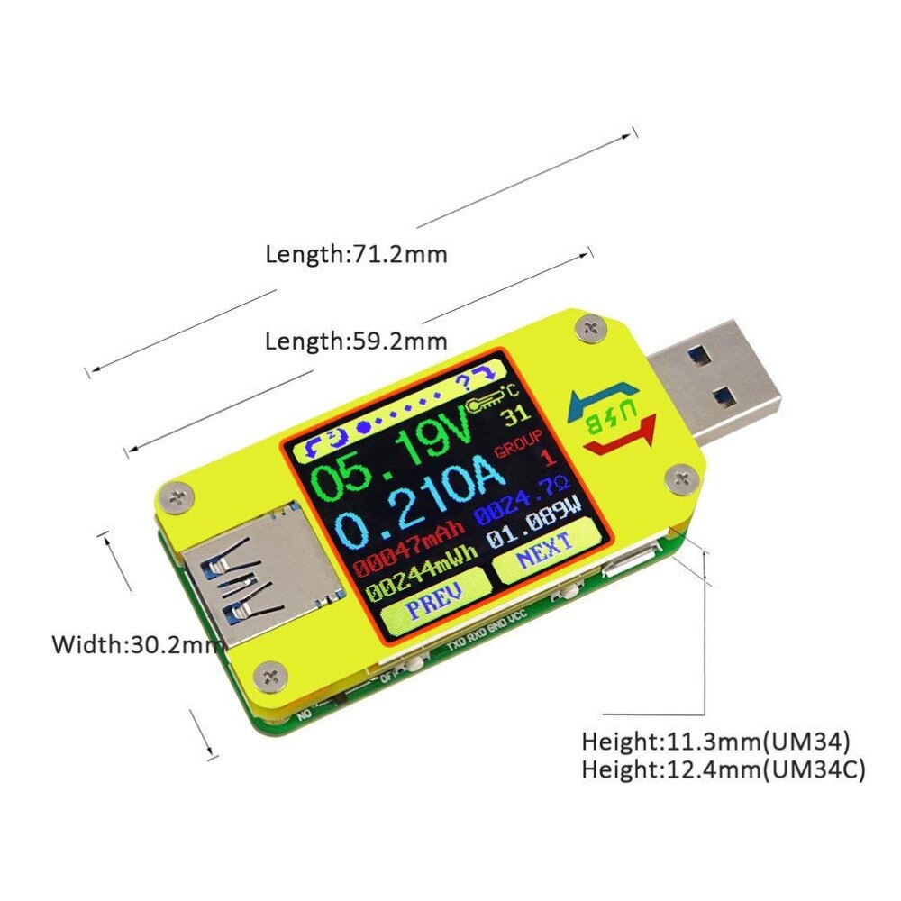 Voltmètre ammètre UM34 UM34C LD25, pour application USB 3.0 type-c, tension continue, charge de batterie, mesure de résistance de câble