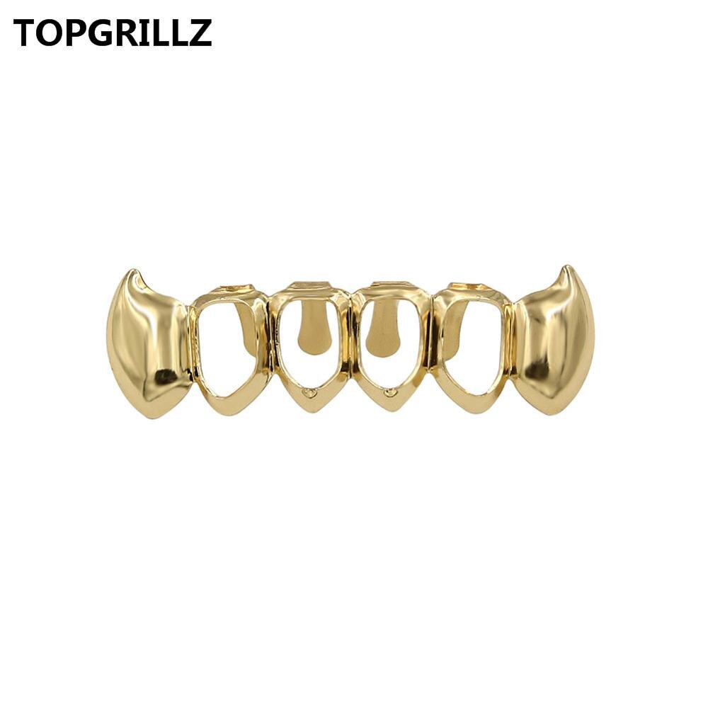 TOPGRILLZ Vergoldeter Hüfte-hüpfen-Zahngrill, oberer und unterer Grill, Hüfte-hüpfen-Bling-Hohlvampirzähne für Halloween: Rhodiniert