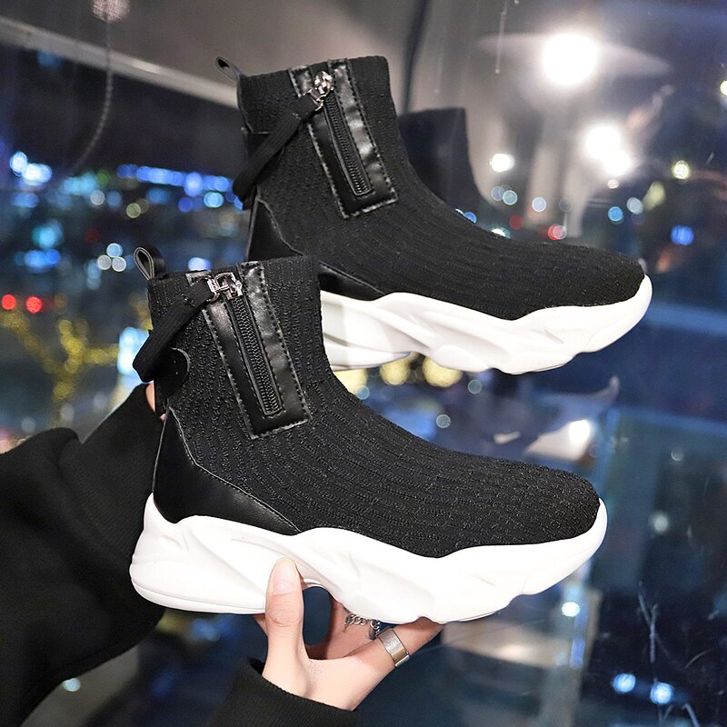 Qwedf sneakers kvinder strik overdel åndbare sneakers sokkestøvler kvinde chunky sko high top sko til kvinder tennis feminino  g4-45: Sort / 39