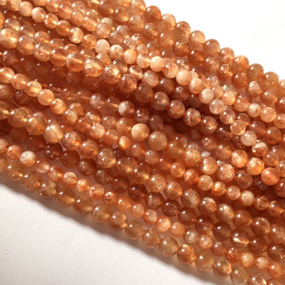 Real Genuine Natural Clear Orange Gold Sanidine Sunstone Round Loose DIY Necklace or Bracelets Beads 15" 05944