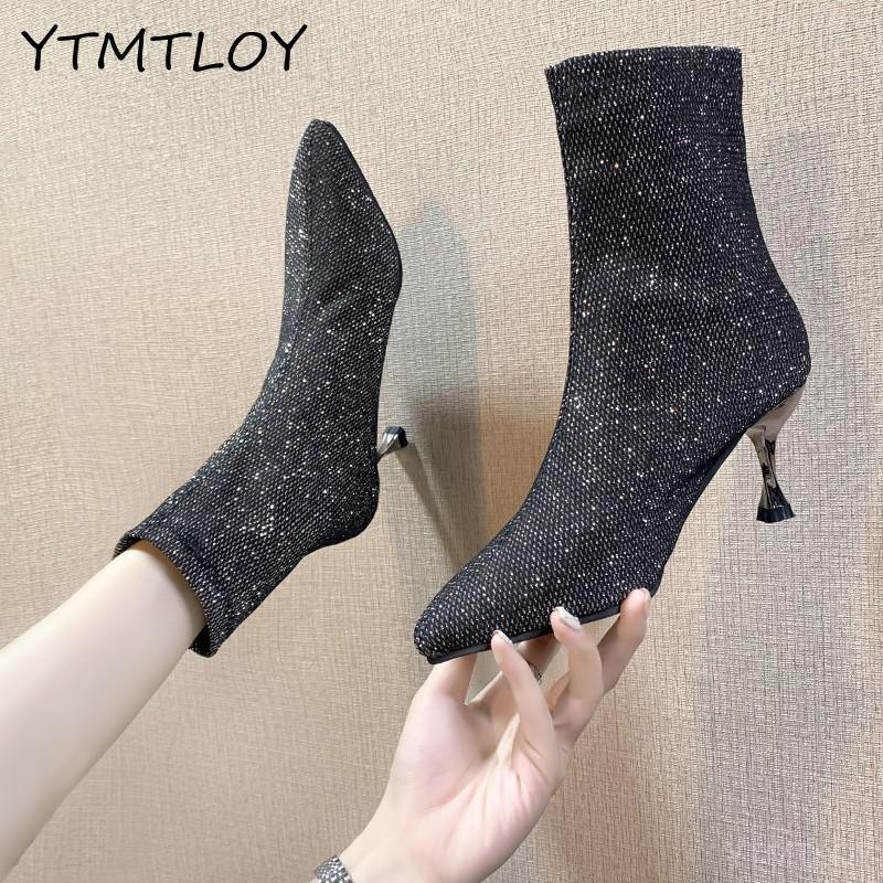Vintersocka stövlar låg hög klack ankelboots lyx kvinnor desiger glitter korta boots festskor paljettduk