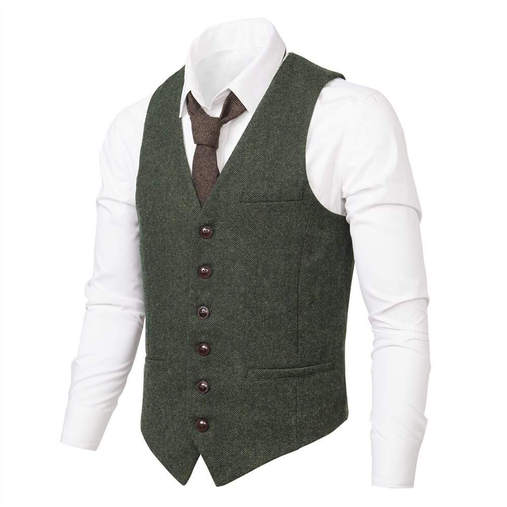 VOBOOM Wool Tweed Mens Waistcoat Single-breasted Herringbone Slim Fitted Suit Vests 007: Army Green / S