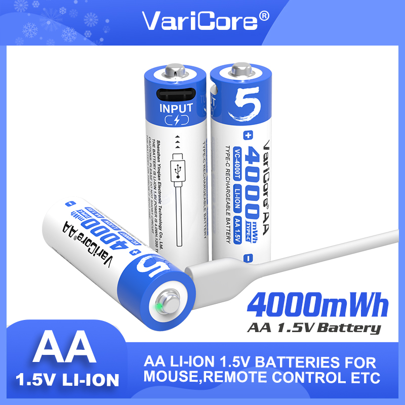 Varicore pilas recargables AA 1,5 V 4000 mWh batería de litio de gran capacidad tipo C carga rápida USB para ratón de juguete