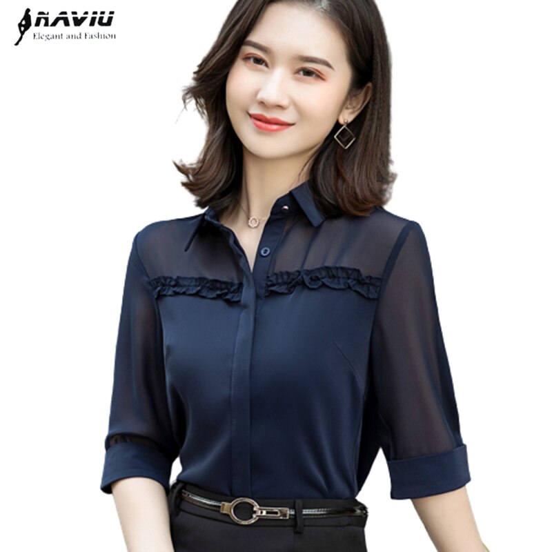 Half Sleeve Shirt Women Chiffon Summer Temperament Formal Blouses Office Ladies Plus Size Work Tops