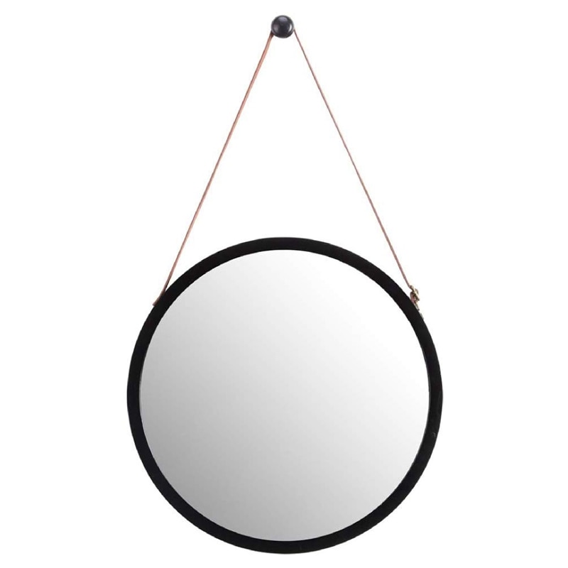 Hængende rundt spejl i badeværelset og soveværelset - massiv bambusramme og justerbar læderrem (sort , 15 tommer): Default Title