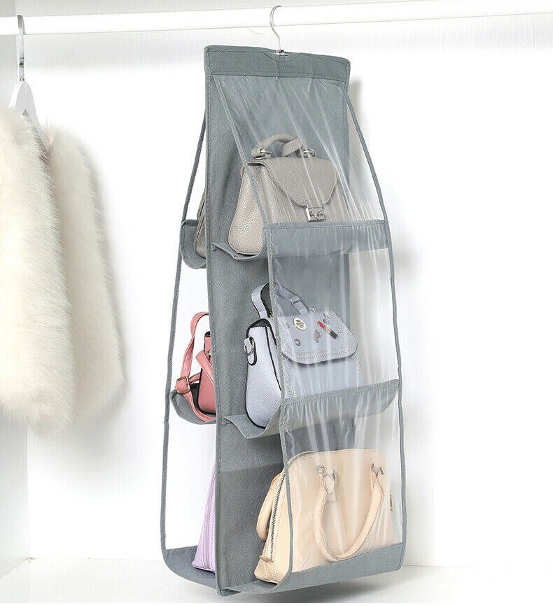6 poche pliant sac à main suspendu sac à main stockage grand support transparent Anti-poussière organisateur support crochet cintre sac: Gris