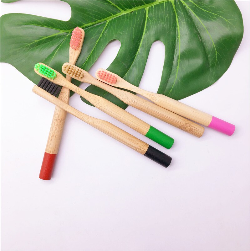 Round handle bamboo toothbrush color bristles set for adults and children