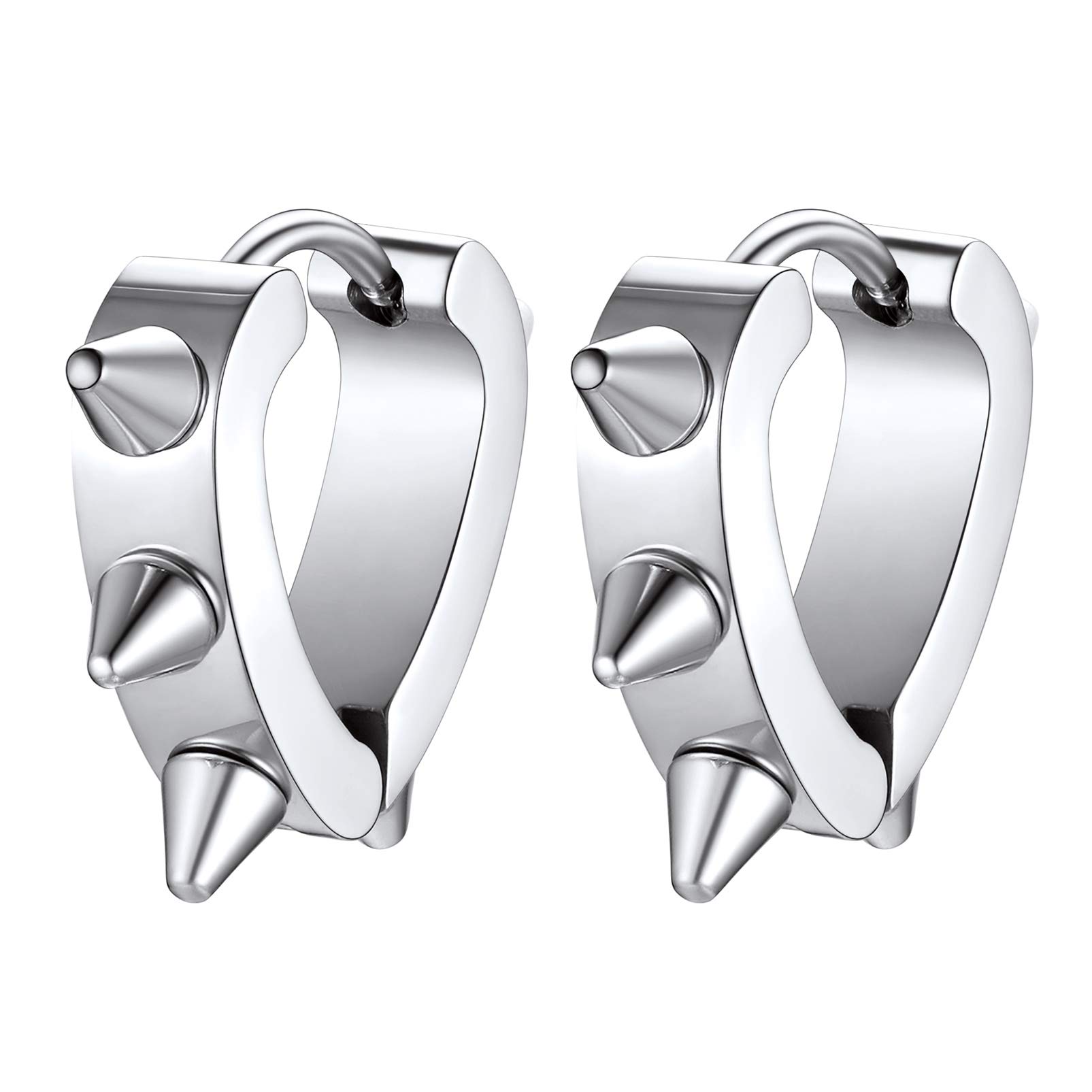 Punk Spike Huggie Hoop Earrings Round/Heart/U Shape Stainless Cartilage Stud Earrings Men Women Cool Gothic Style Chunky Jewelry: Heart Silver