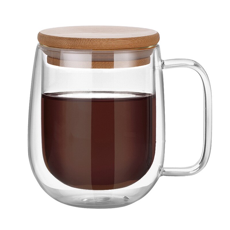 Double glass transparent coffee cup,Heat-resistant glass cup with lid，Dessert glassBeer mug office mug simple stylefree