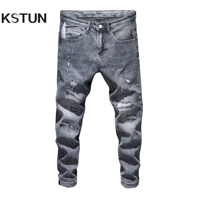 Herre ripped skinny jeans grå lyseblå elasticitet high street wear hip hop patchwork biker jeans mandlige denim bukser flosset homme