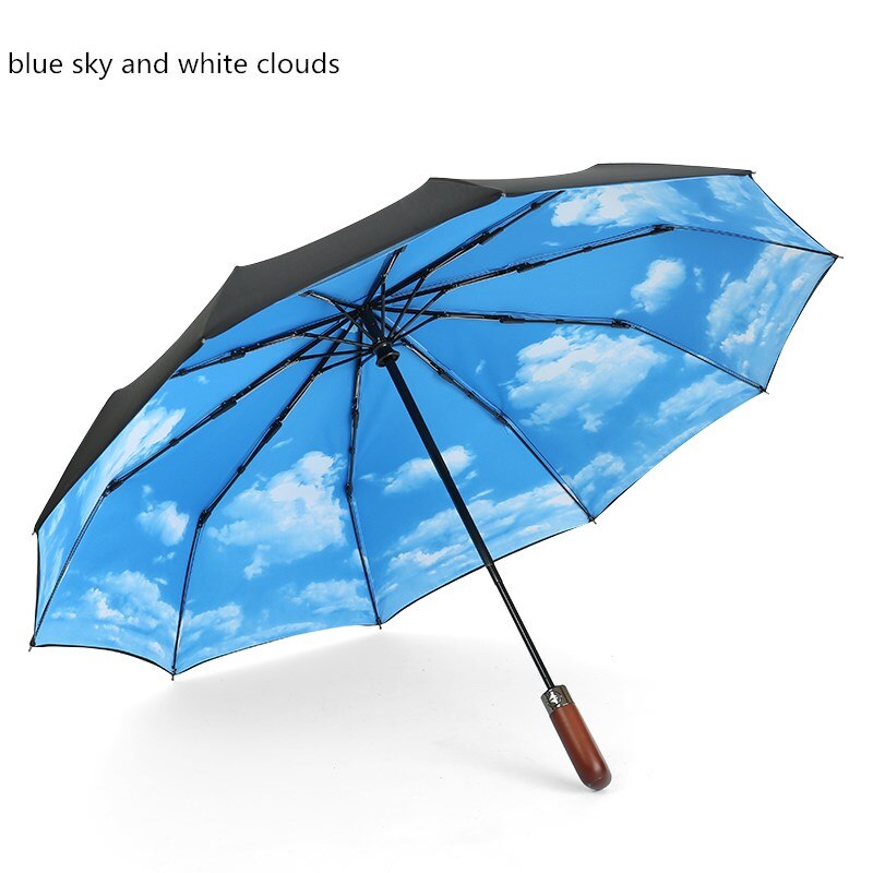 PALONY Three-folding Automatic Long Straight Handle Rainproof 8 Colours Outdoor Women Men 10 Ribs Windproof Structure: sky and clouds