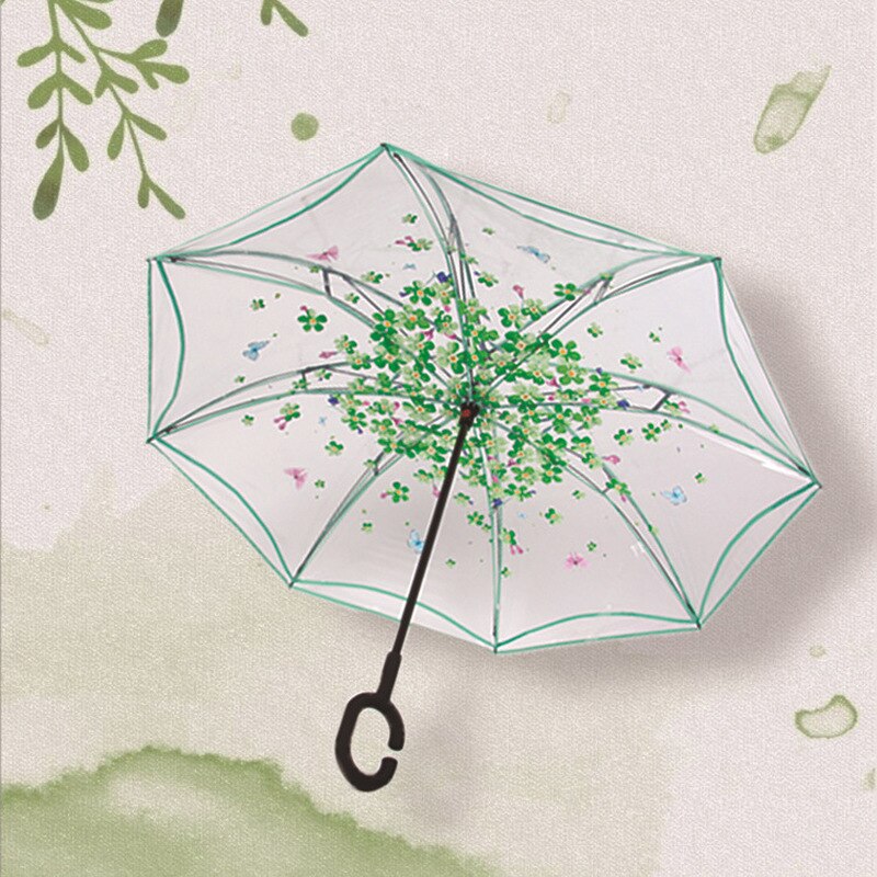 Parapluie Transparent inversé Sakura pour femmes, Double couche, poignée en C, coupe-vent, parapluie pliable, équipement de pluie