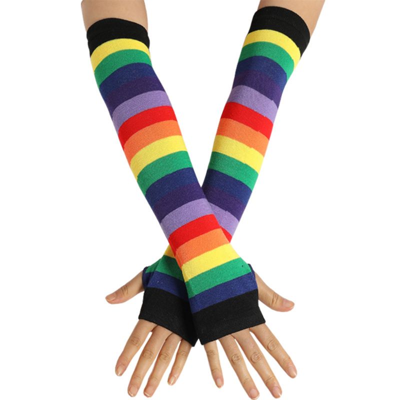 Mujer niña codo de punto, calentador de manga de brazo para protección solar Rayas Patchwork guantes sin dedos con agujero de pulgar disfraz: 6