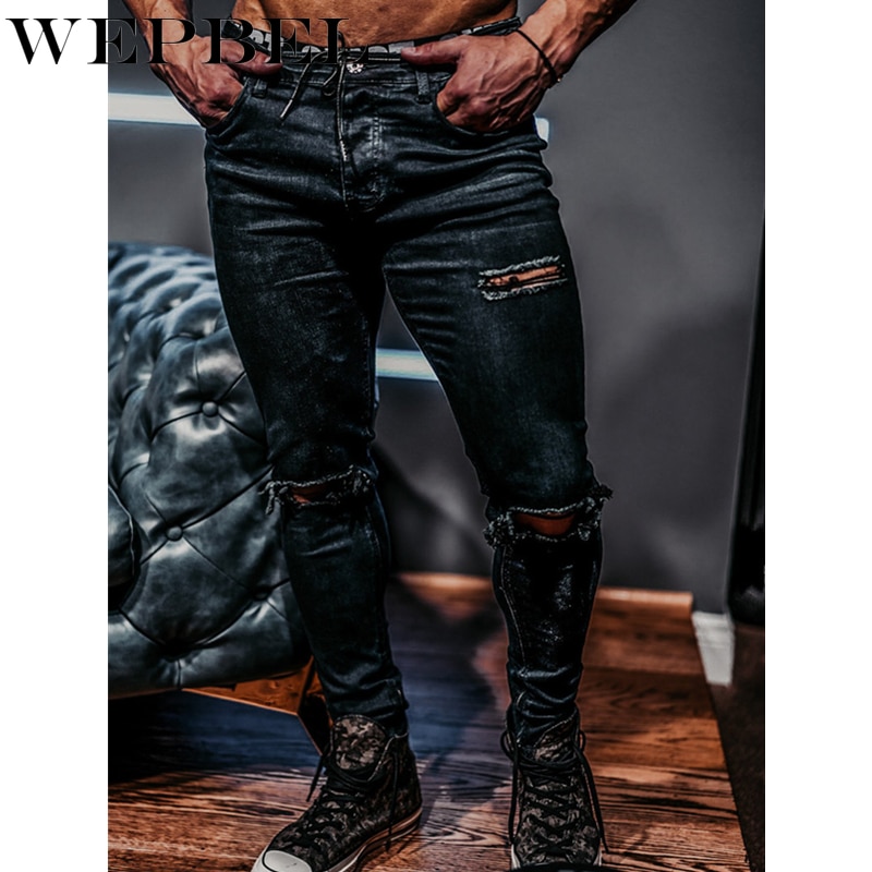 Mandylandy Men Autumn Winter Pants Distressed Long Denim Trouser Ripped Leg Hole Pencil Jeans Male Slim Fit Destroyed Jeans Pant