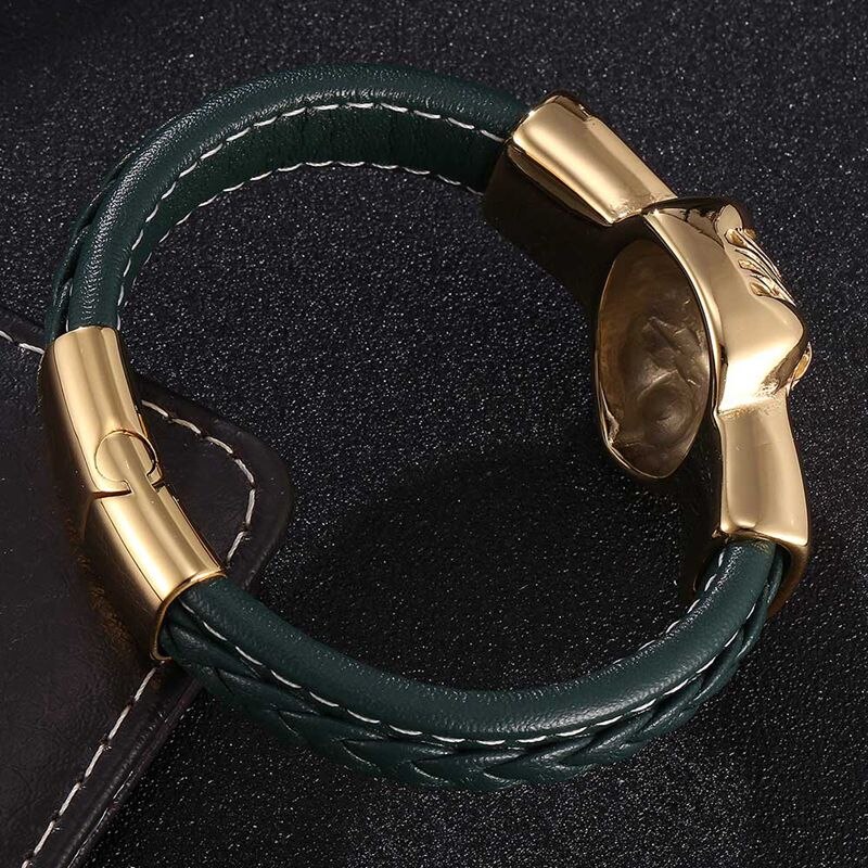 Hiphop groene gevlochten leren heren armbanden en bangles gouden leeuwenkop roestvrijstalen bikerketting mannelijke punk sieraden  sp0818