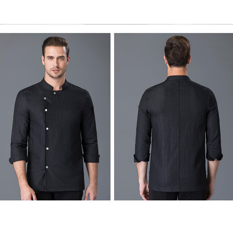 Chaqueta vaquera de Chef informal Unisex, camisa de manga larga con cuello oblicuo, de un solo pecho, para cocina, Catering, restaurante, servicio de comida, uniforme de trabajo: Negro / XL