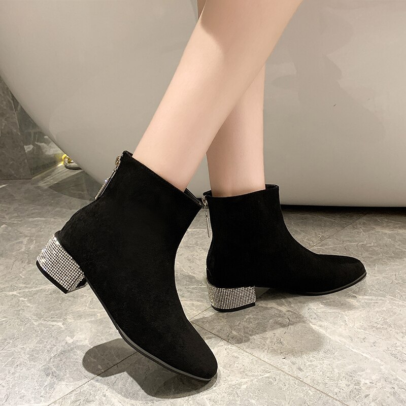 Boots for Women Shoes Femenino Autumn Female British Style Flock Rhinestone Heels Bling Ankle Boots Lady Boots: 39