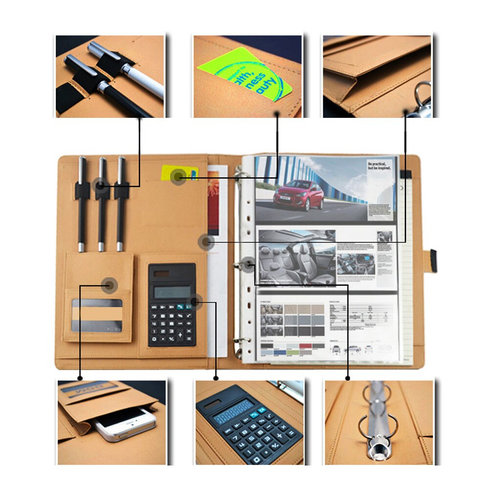 A4 3 Gat Pu Lederen Map Portfolio Met Houder Calculator Voor Kantoor Zwart