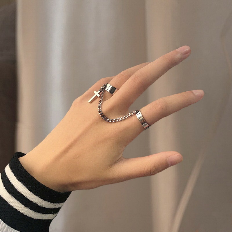 Persoonlijkheid Punk Cool Link Chain Verstelbare Vier Opening Ringen Voor Vrouwen Mannen Cross Hanger Draaien Vinger Ring Hip Hop Sieraden