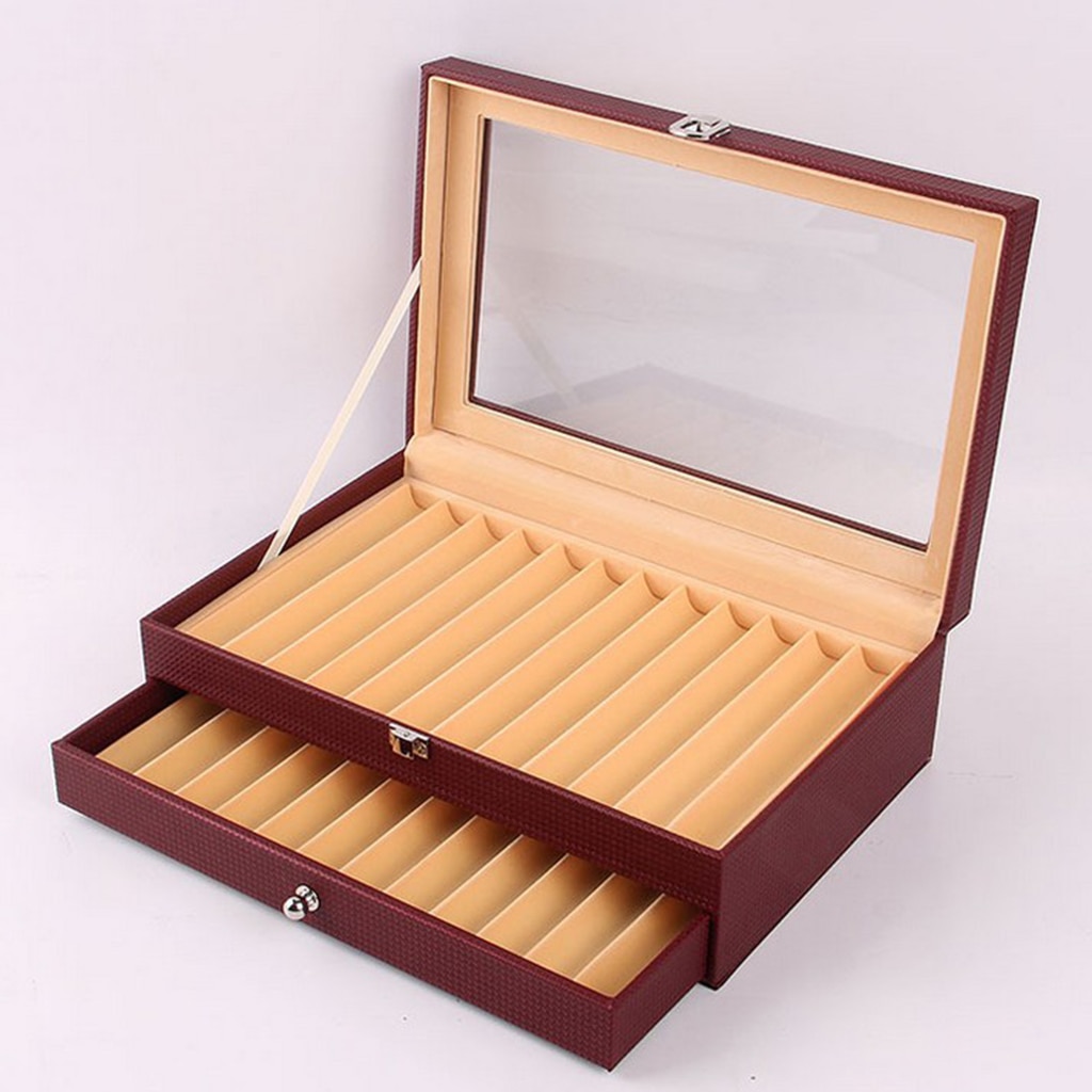 24 Pen Display Case Storage and Fountain Pen Collector Organizer Box, 2 Layers PU Leather Display Case