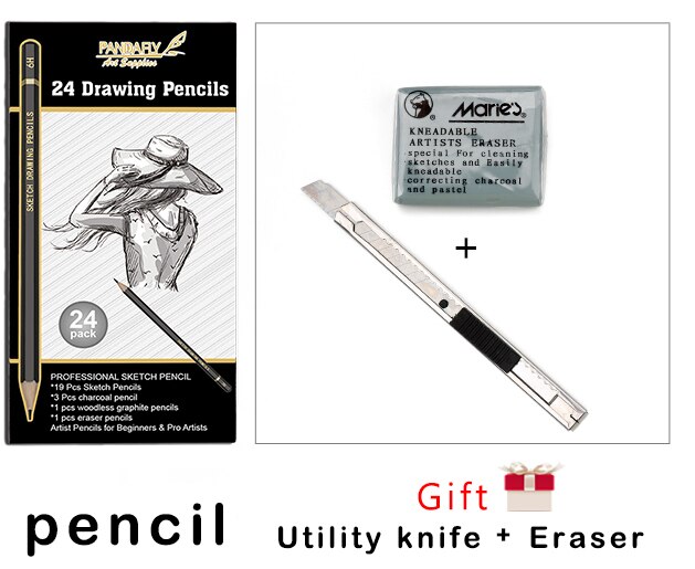 24 pcs Sketching Drawing Pencils Safe Non-toxic Painting wooden lead Pencils Set for Drawing Stationery Supplies: 24pcs and Eraser