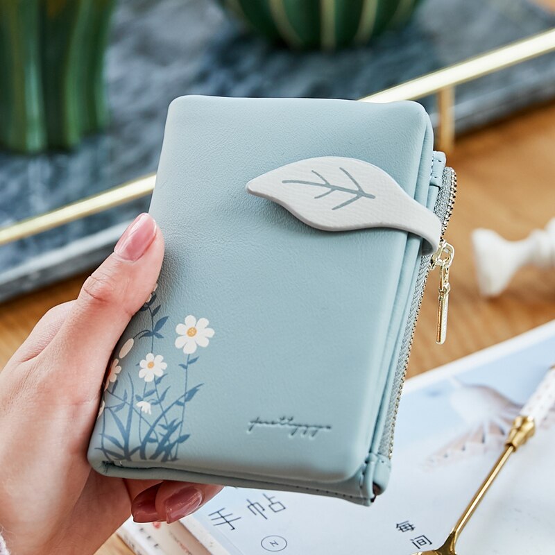 Women Wallet Leaf Pattern Hasp Ladies Purse soft pu Leather Small Short Wallets Female Zipper Coin Purse: Light Blue