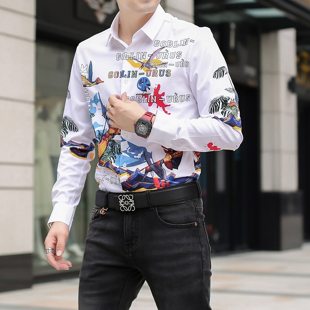 Camisetas con estampado Digital de diamantes de imitación para hombre, camisa de manga larga ajustada informal, ropa de calle para hombre, Tops sociales