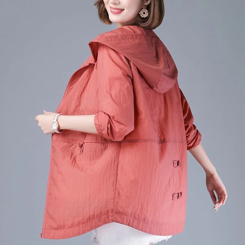 2022 Summer Women&#39;s Jacket Sun Protection Windbreaker Thin Coat Zipper Hooded Loose Overcoat Jackets Famale Outwear: Brick red / L
