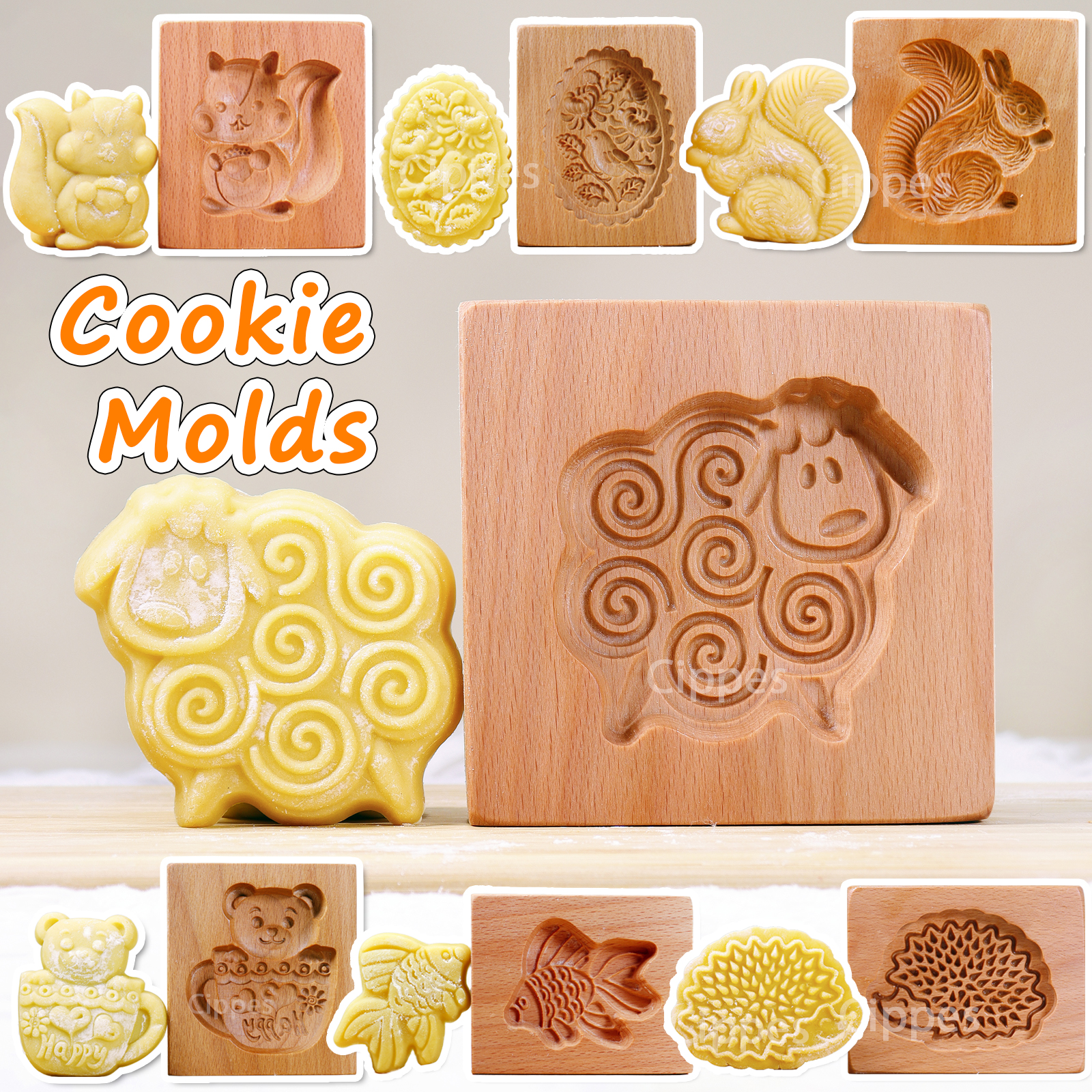 1 molde de madera para galletas de Navidad, patrones de animales, moldes para cortar galletas en relieve tallados en 3D, pájaro, oso, tigre, caballo, ardilla