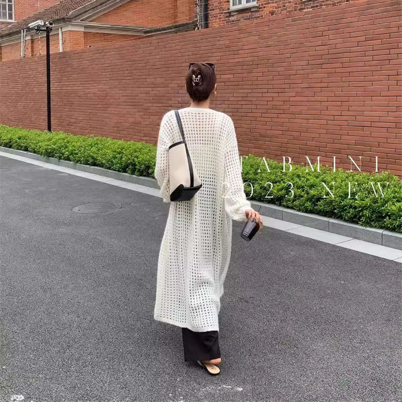 Cardigã oco com decote em v para mulheres, suéter longo de malha, cardigã fino, xale solto, camisa de ar condicionado, jaqueta feminina, verão