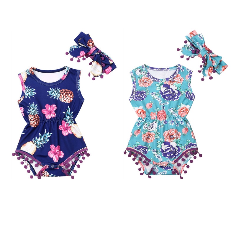 0-24M Baby Zomer Romper Kleding Pasgeboren Meisje Jongen Kwastje Hoofdband Ananas Outfit Mouwloze Bloemen Jumpsuit