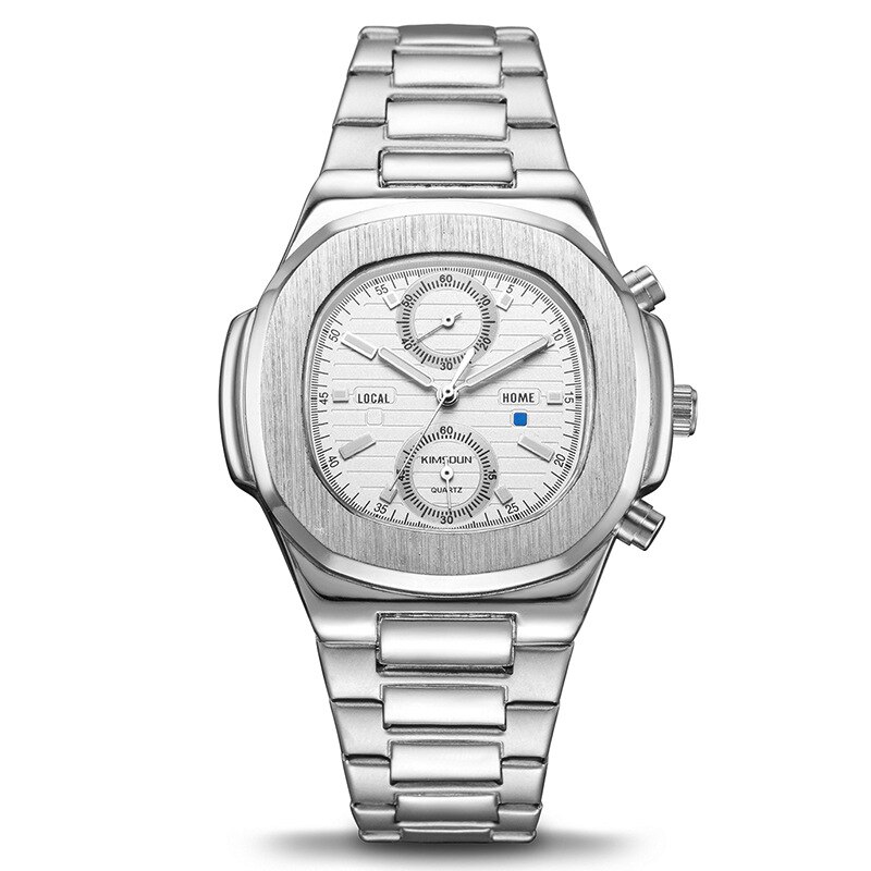 Rustfrit stål sportsur vandtæt kronograf firkantet kvarts armbåndsur: Sølv-hvid