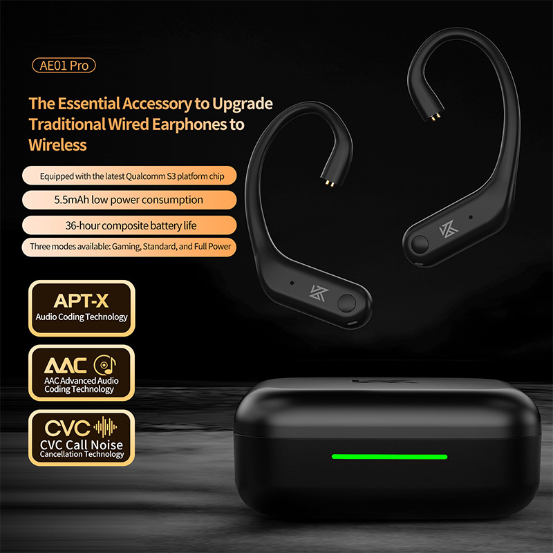 Kz  ae01 pro auricolari wireless con gancio auricolare, cavo, cancellazione del rumore, bluetooth, supporto a 5.2 c- pin, aac/aptx  az09 pro  ae01