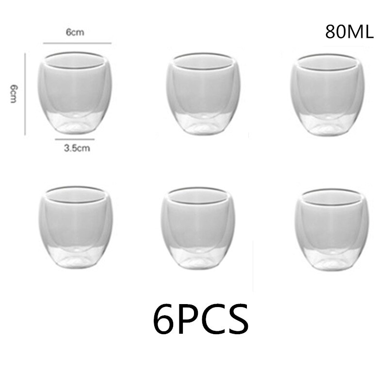 Dobbeltvegget Glasskopp Sett 80-450ml - Håndlaget Te, espresso Krus - Gjennomsiktig: 6 stk -80ml