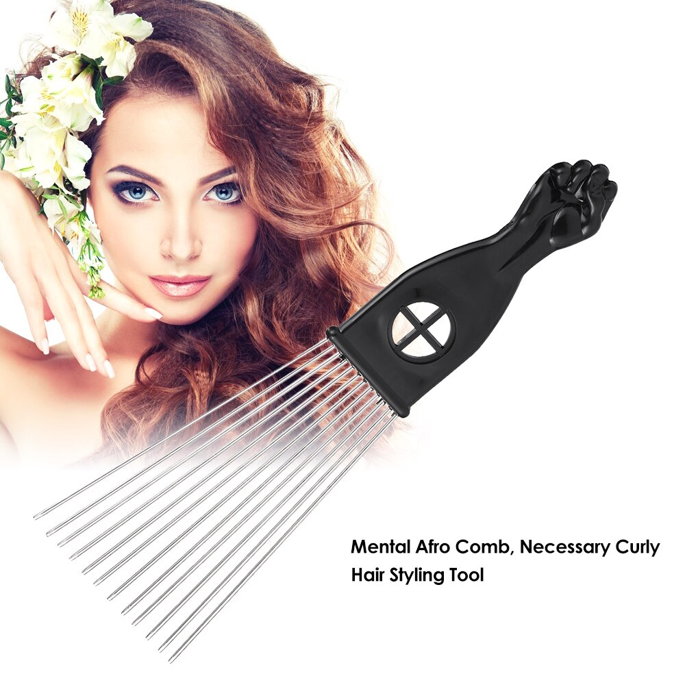 Peigne cheveux Afro en métal, peigne à dents larges, cueillette de cheveux, Insert de peigne, brosse à cheveux bouclés, outil de style de coiffure, peigne à manche en forme de poing noir